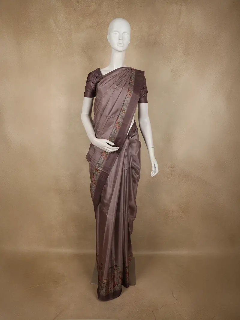 Brown Floral Printed Design Semi Tussar Fancy Saree 1