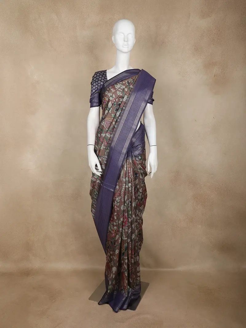 Brown Floral Printed Design Semi Tussar Saree With Blue Border 1