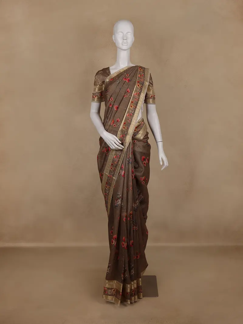 Brown Floral Printed Design Tussar Silk Saree 1