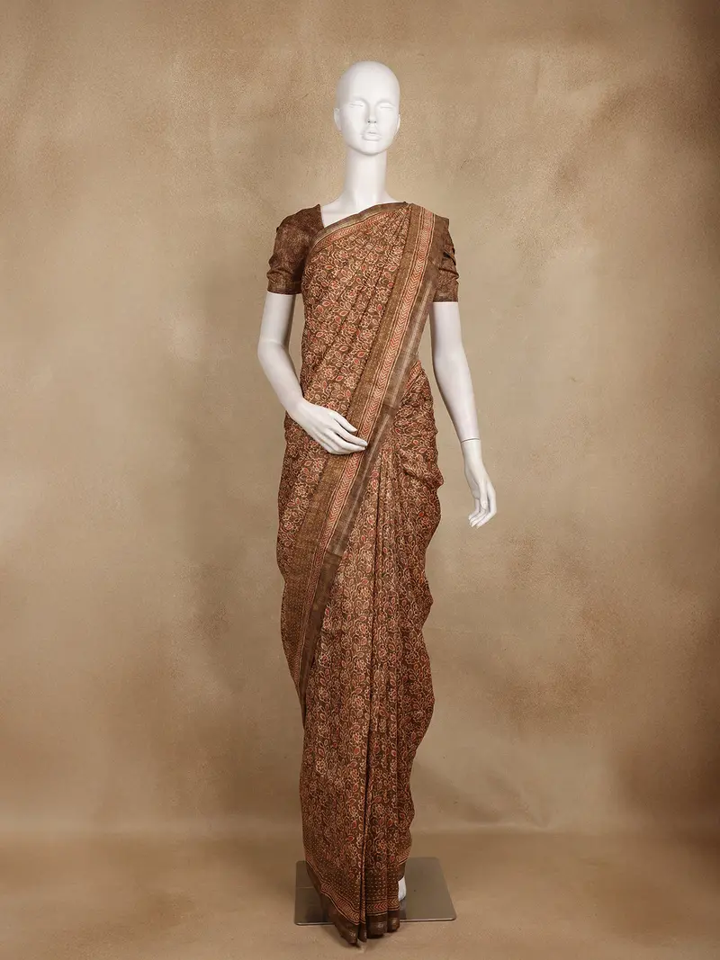 Brown Floral Printed Design Tussar Silk Saree 1