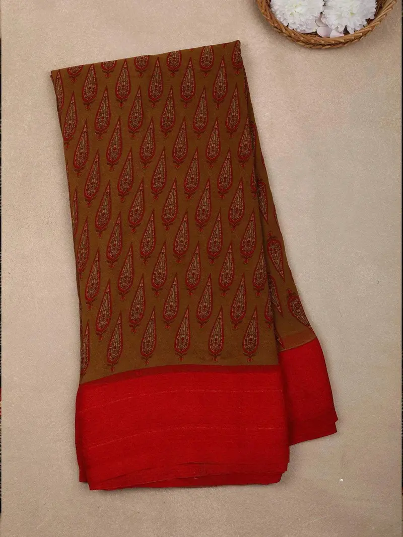 Brown Floral Printed Georgette Saree 1