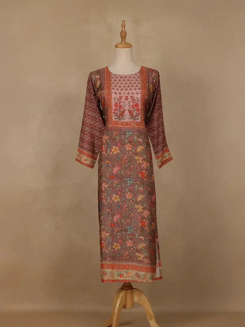 Brown Floral Printed Rayon Kurti 1