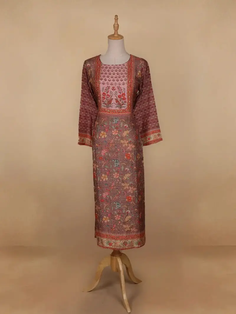 Brown Floral Printed Semi Silk Kurti 1