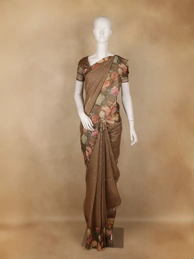Brown Floral Printed Tissue Saree With Woven Buttas 1