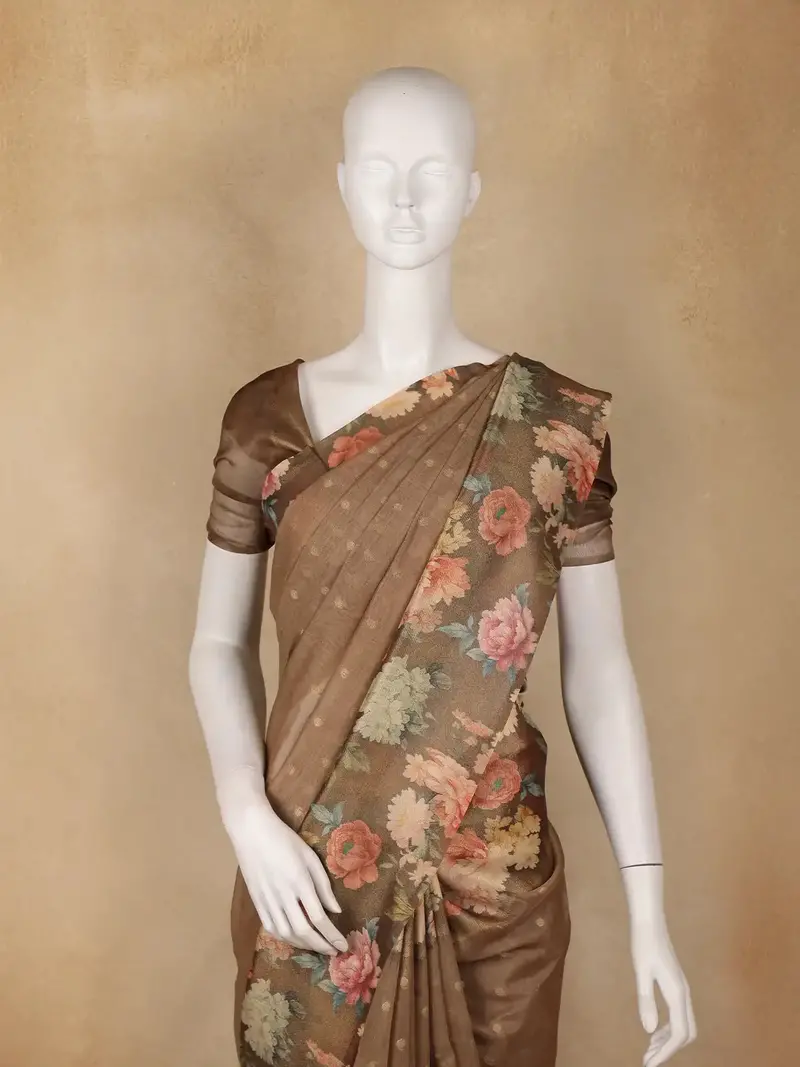 Brown Floral Printed Tissue Saree With Woven Buttas 2
