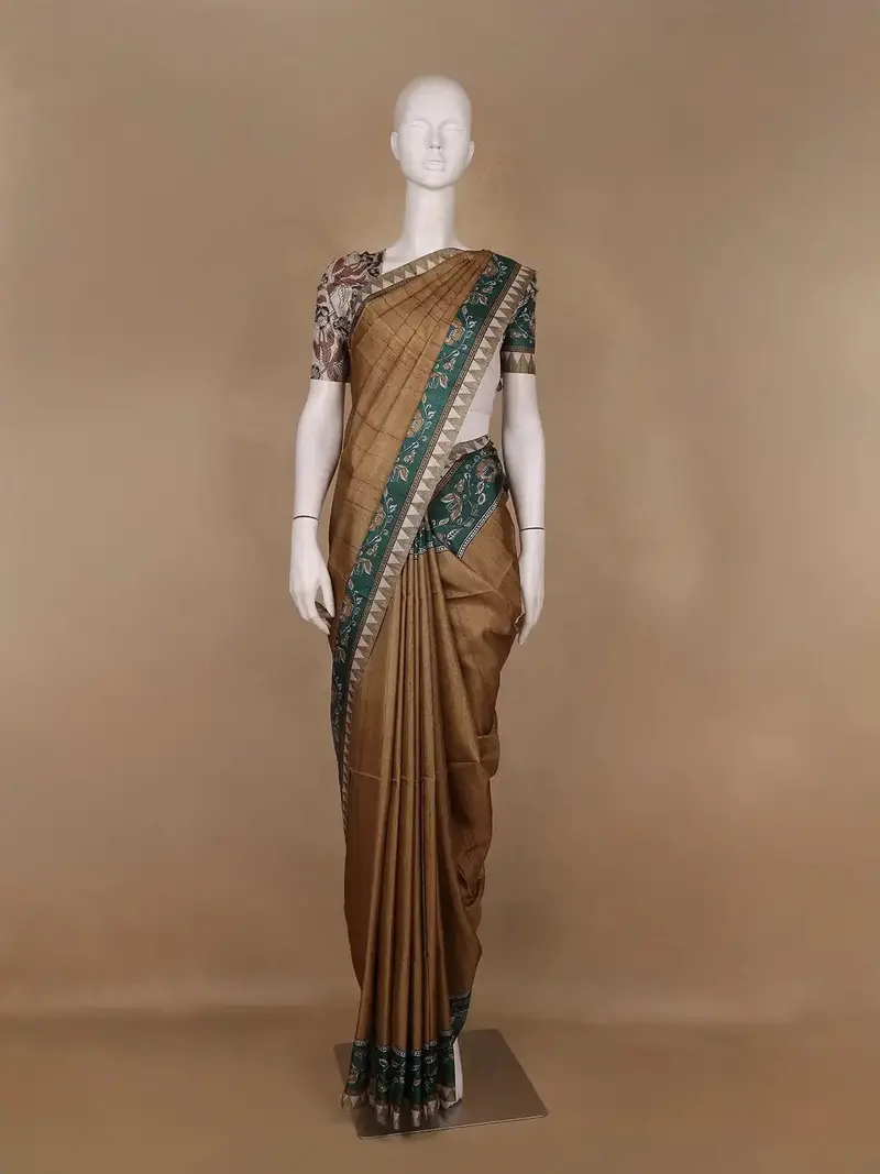 Brown Floral Printed Tussar Silk Saree 1