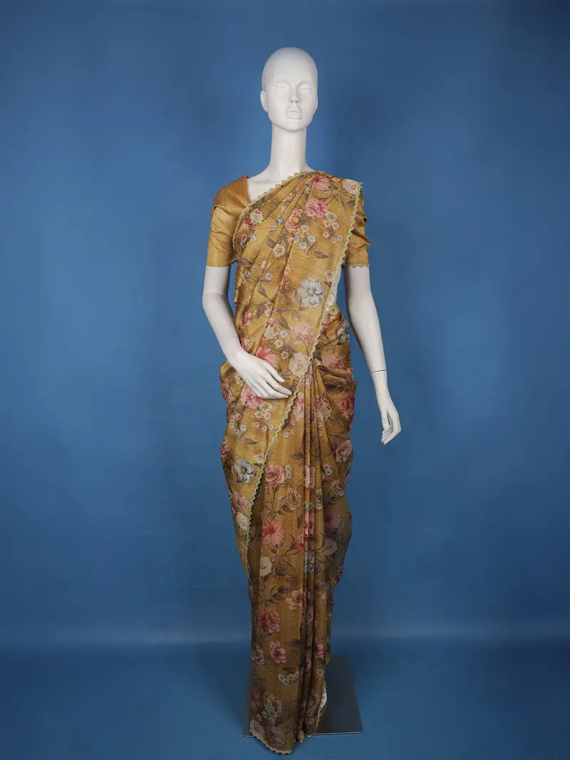 Brown Floral Printed Tussar Silk Saree With Lace Border 1
