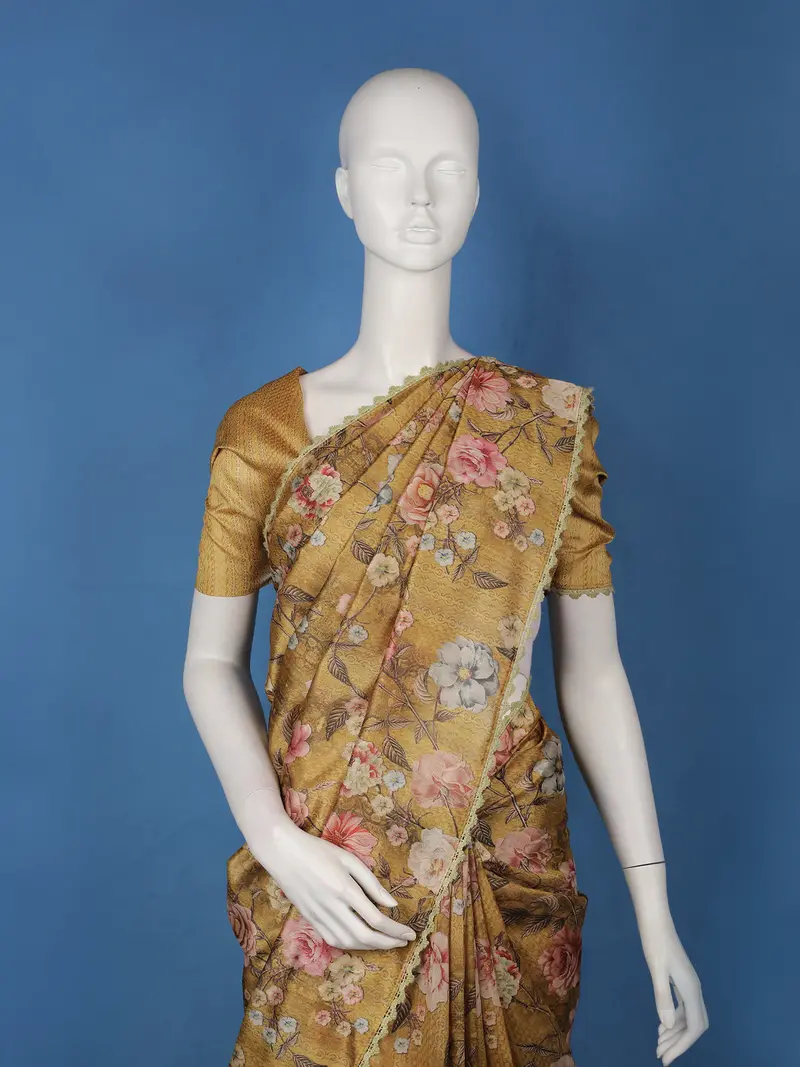 Brown Floral Printed Tussar Silk Saree With Lace Border 2