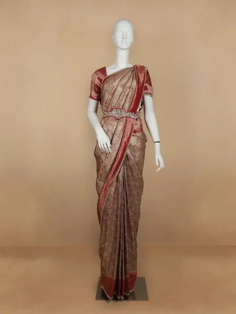 Brown Floral Woven And Stone Work Banarasi Silk Saree 1