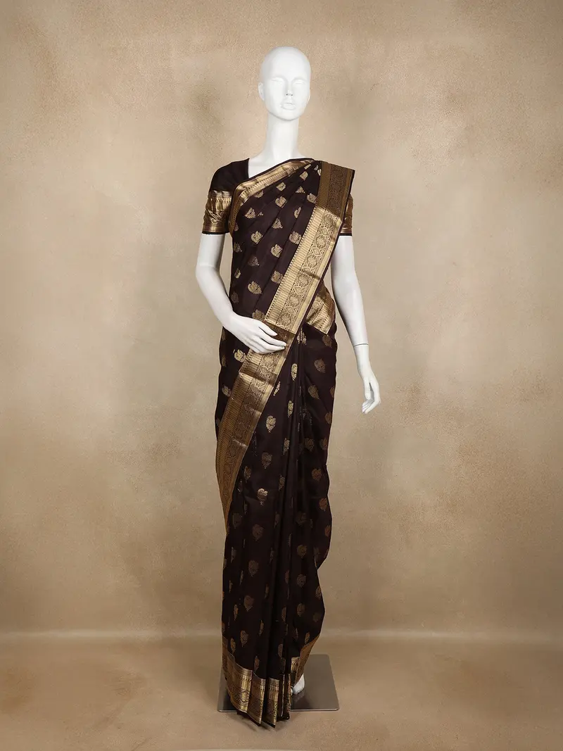 Brown Floral Woven Pure Kanchipuram Silk Saree 1