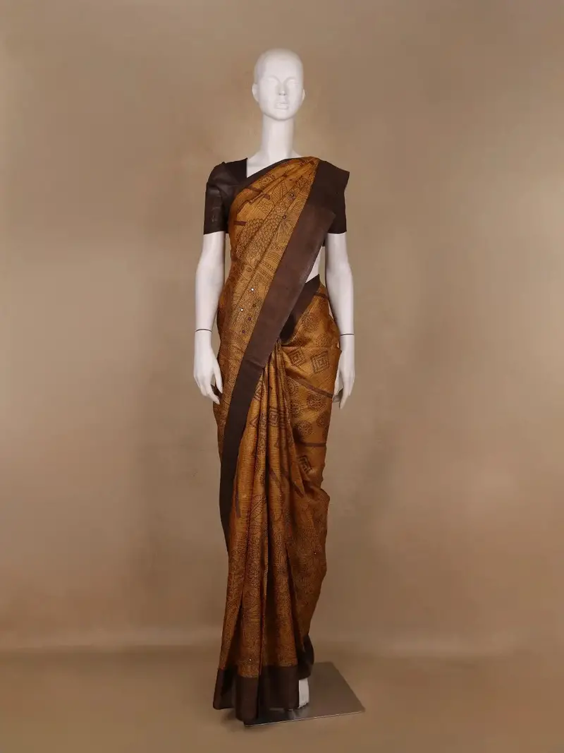 Brown Floral Woven Pure Tussar Silk Saree 1