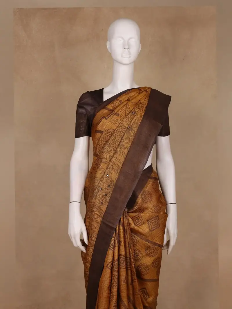 Brown Floral Woven Pure Tussar Silk Saree 2