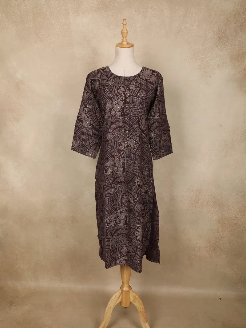 Brown Geometric And Floral Printed Cotton Straight Kurti 1