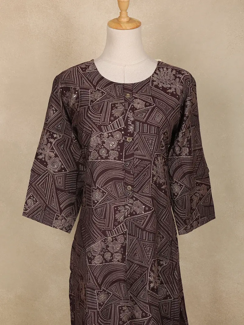 Brown Geometric And Floral Printed Cotton Straight Kurti 2