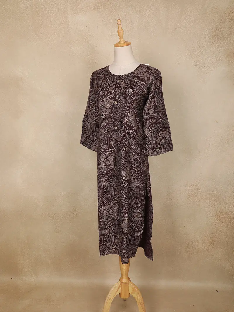 Brown Geometric And Floral Printed Cotton Straight Kurti 3