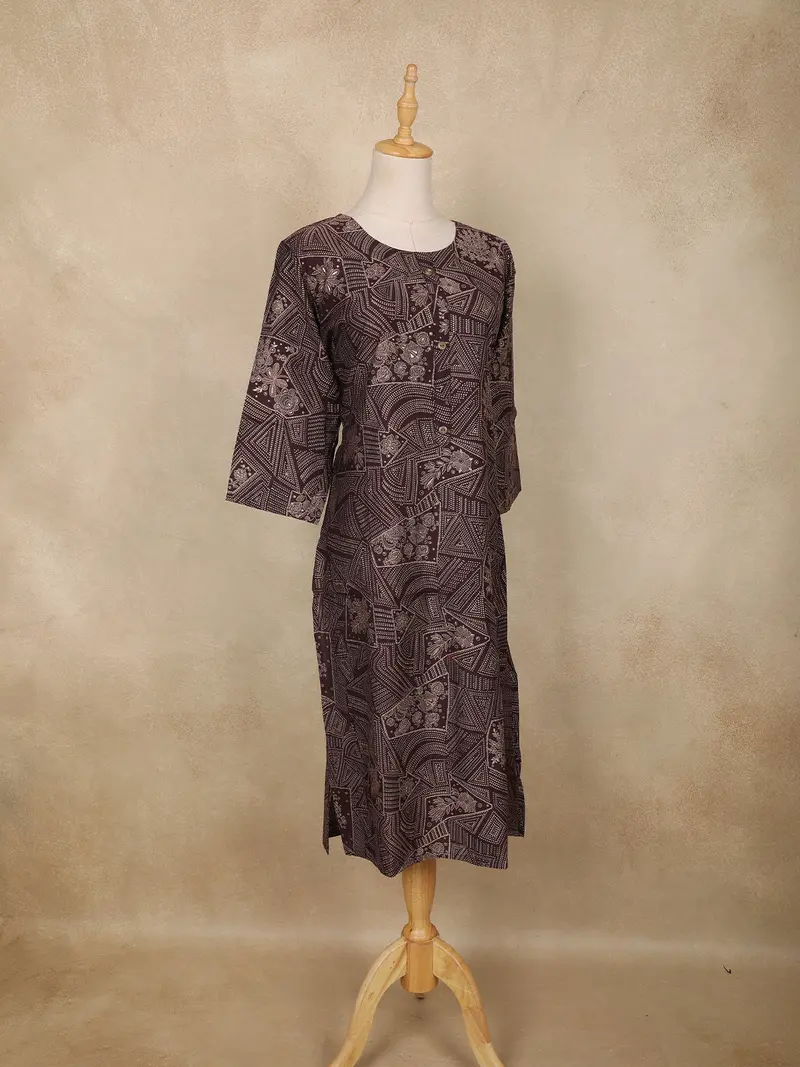 Brown Geometric And Floral Printed Cotton Straight Kurti 4
