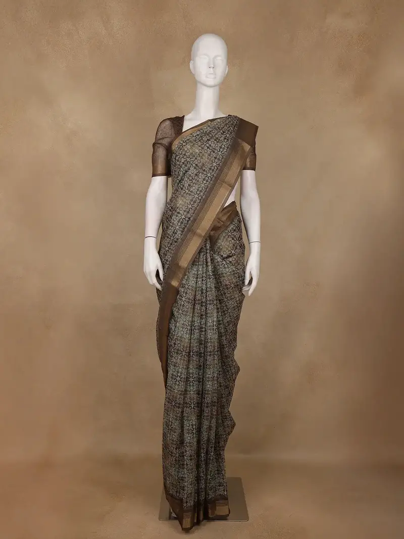 Brown Geometric Design Semi Tussar Silk Saree 1