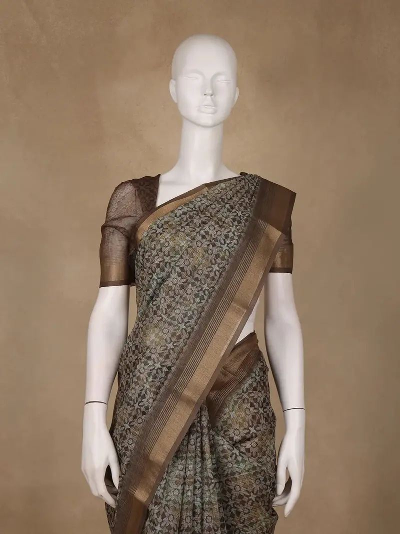 Brown Geometric Design Semi Tussar Silk Saree 2