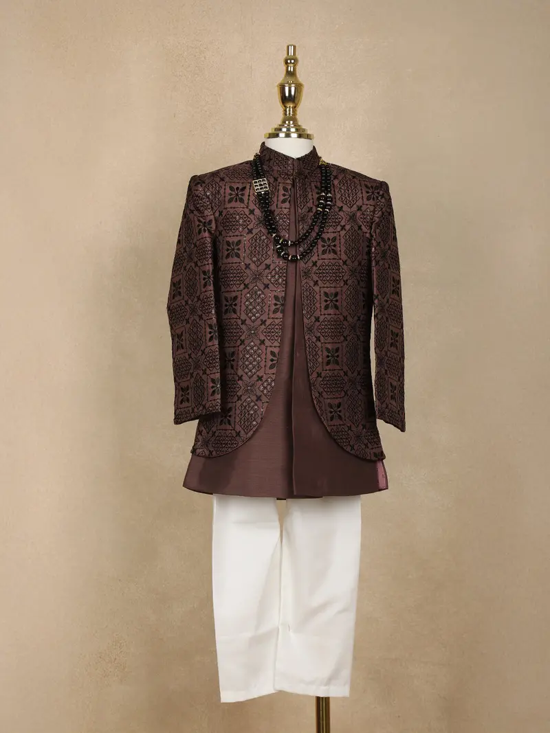 Brown Geometric Embroidered Kids Semi Silk Sherwani Set With White Pants 1