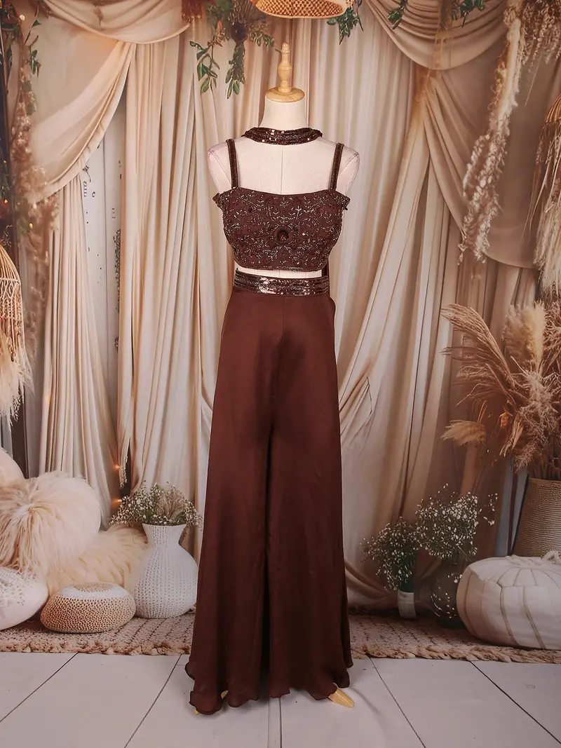 Brown Heavy Sequins Embroidered Design Georgette Palazzo Suit With Dupatta 1