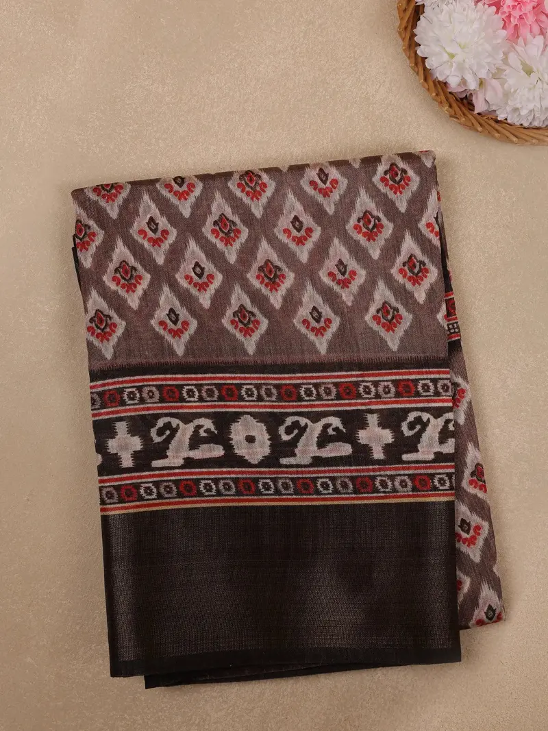 Brown Ikat Printed Fancy Cotton Saree 1
