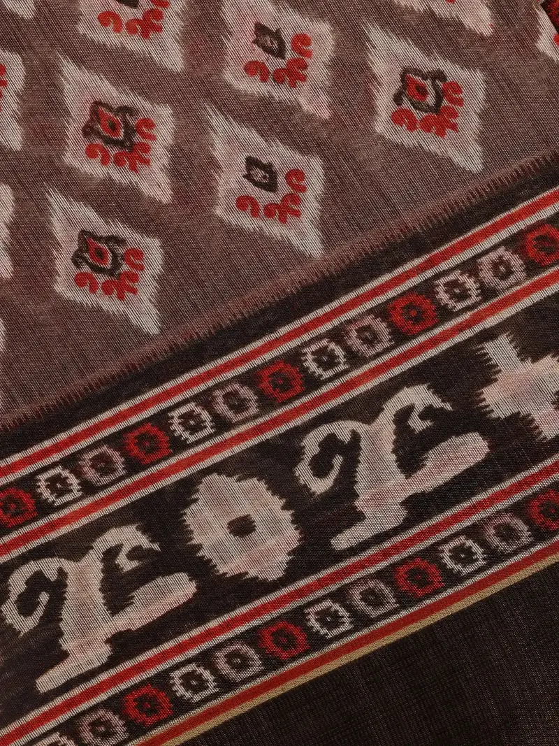 Brown Ikat Printed Fancy Cotton Saree 2