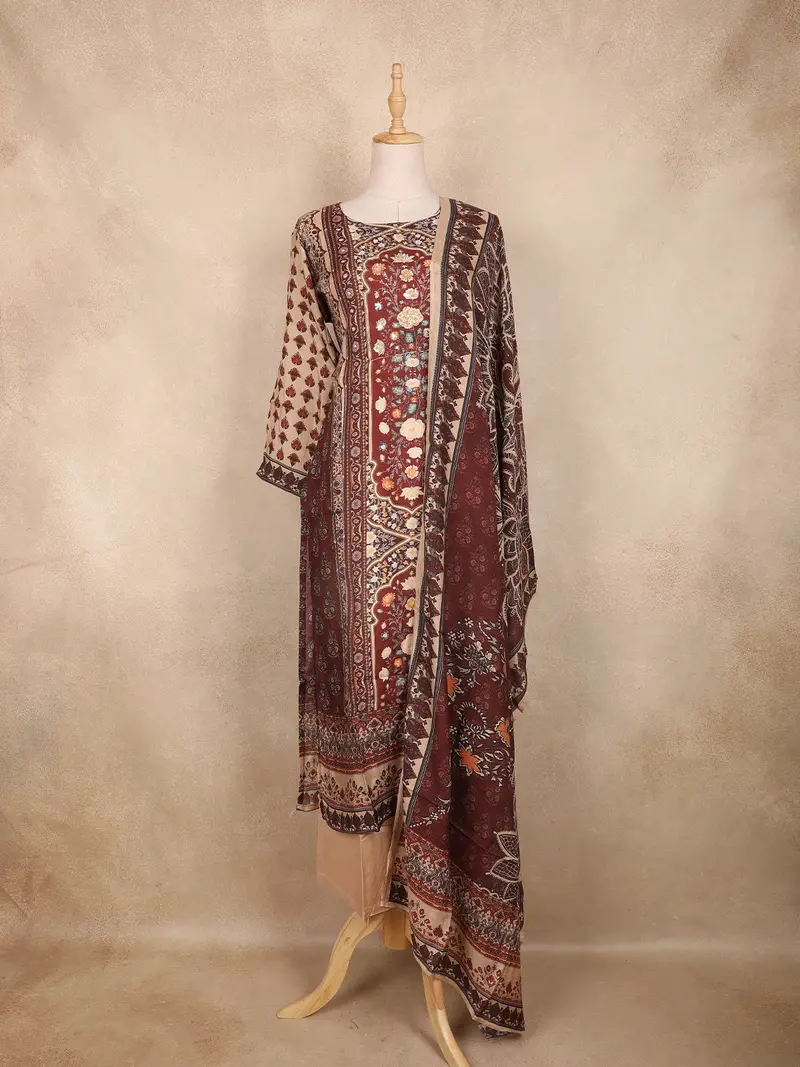 Brown Kashmiri Floral Printed Design Crepe Straight Cut Salwar Suit With Dupatta 1