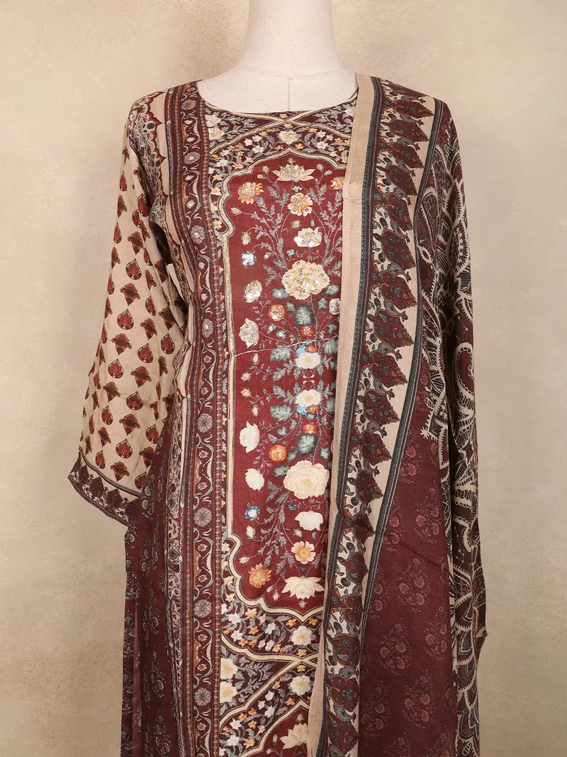 Brown Kashmiri Floral Printed Design Crepe Straight Cut Salwar Suit With Dupatta 2