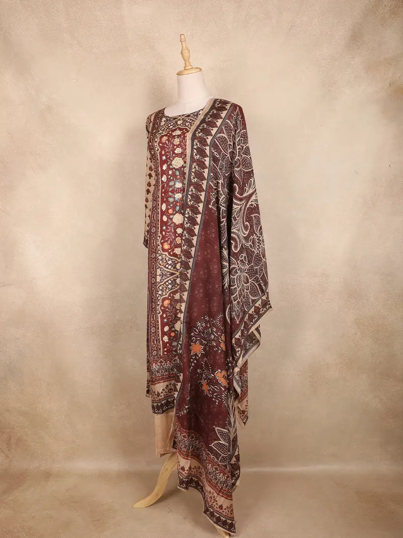 Brown Kashmiri Floral Printed Design Crepe Straight Cut Salwar Suit With Dupatta 3