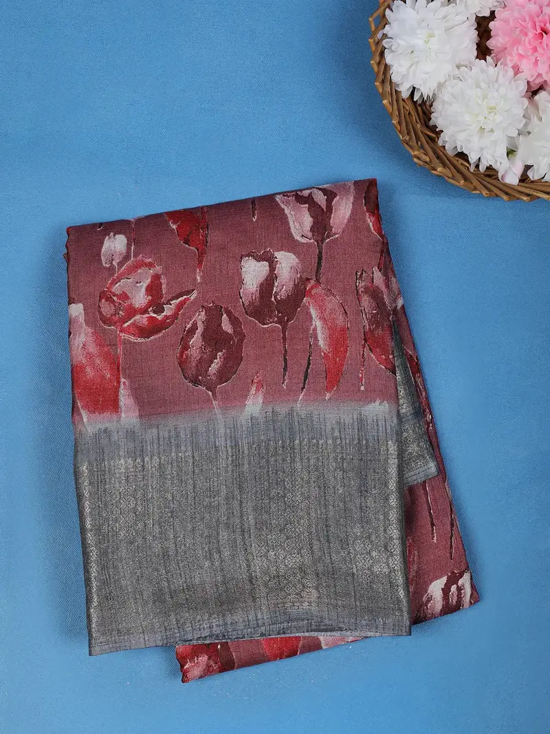 Brown Leaf Printed  Raw Silk Saree 1