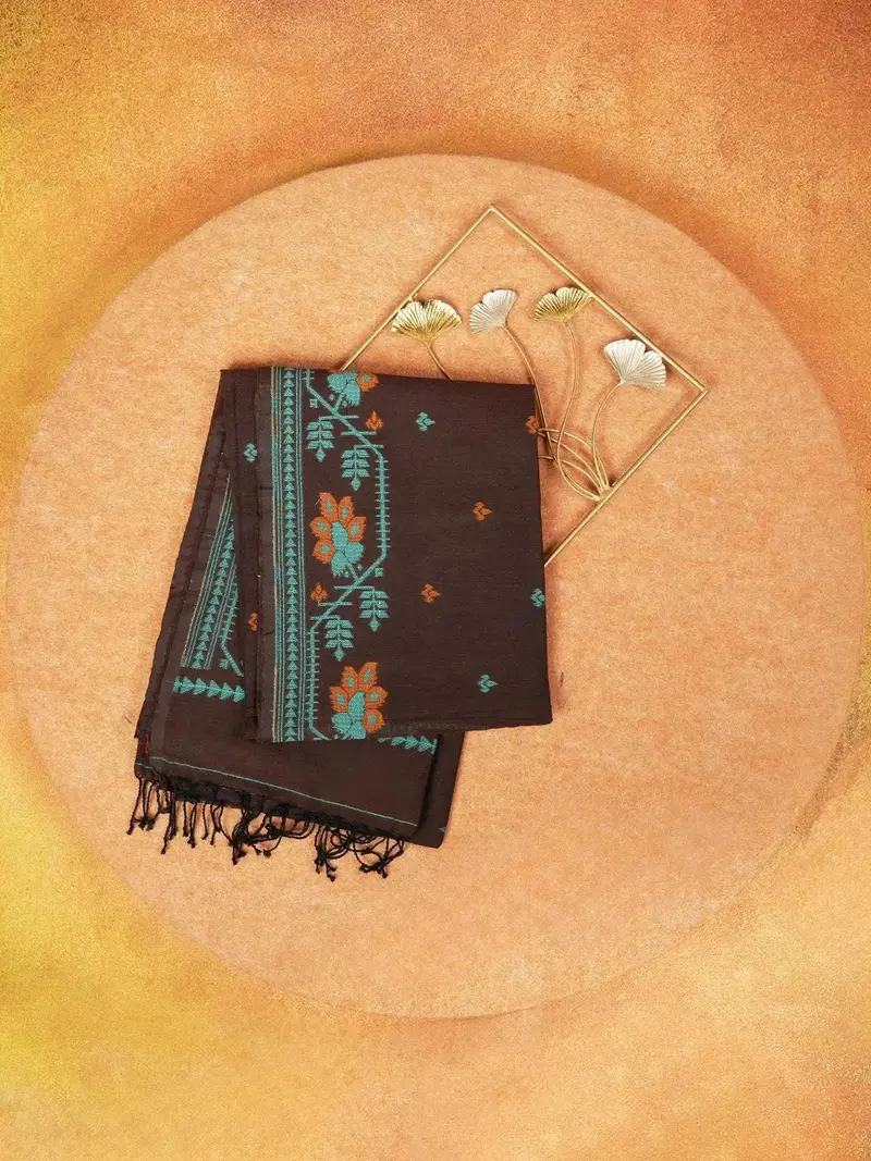 Brown Linen Cotton Saree With Floral And Geometric Designs On The Body With Designed Border 1