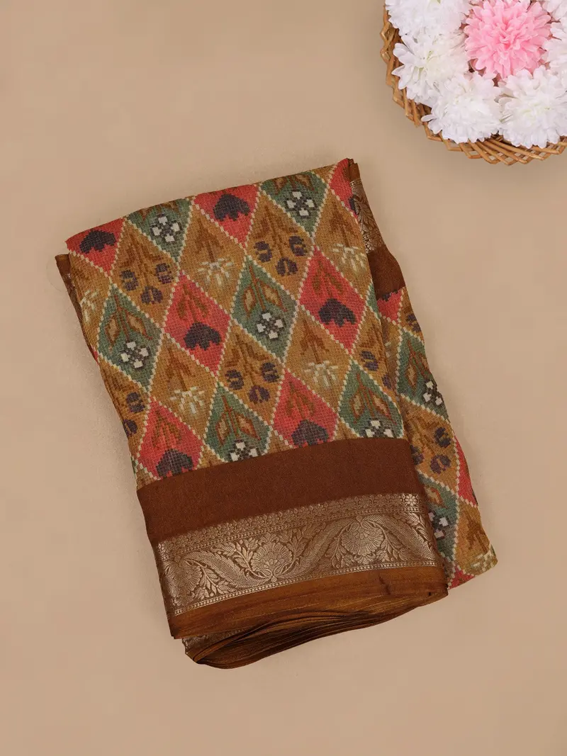 Brown Multicolor Diamond Ikat Design Linen Cotton Saree 1