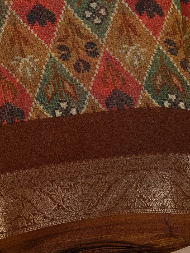 Brown Multicolor Diamond Ikat Design Linen Cotton Saree 2