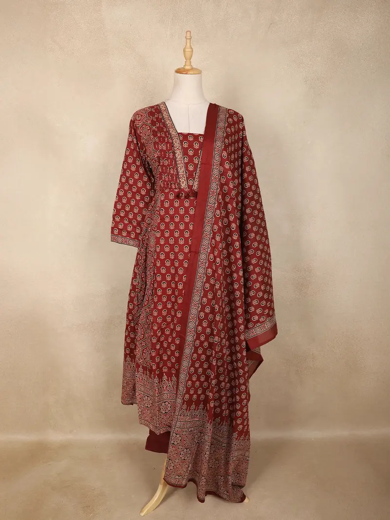 Brown Paisley Printed Design Anarkali Cotton Salwar Suit 1