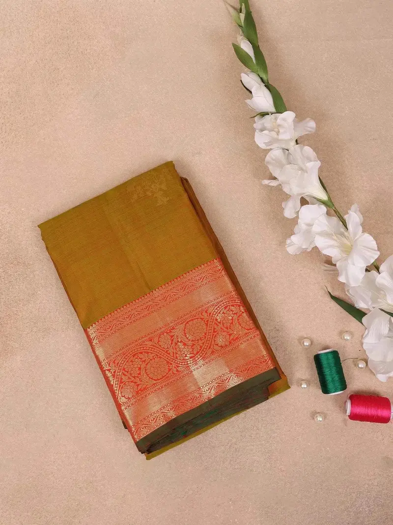 Brown Pure Kanchipuram Bridal Silk Saree With Floral Motif On The Body With Zari Border 1