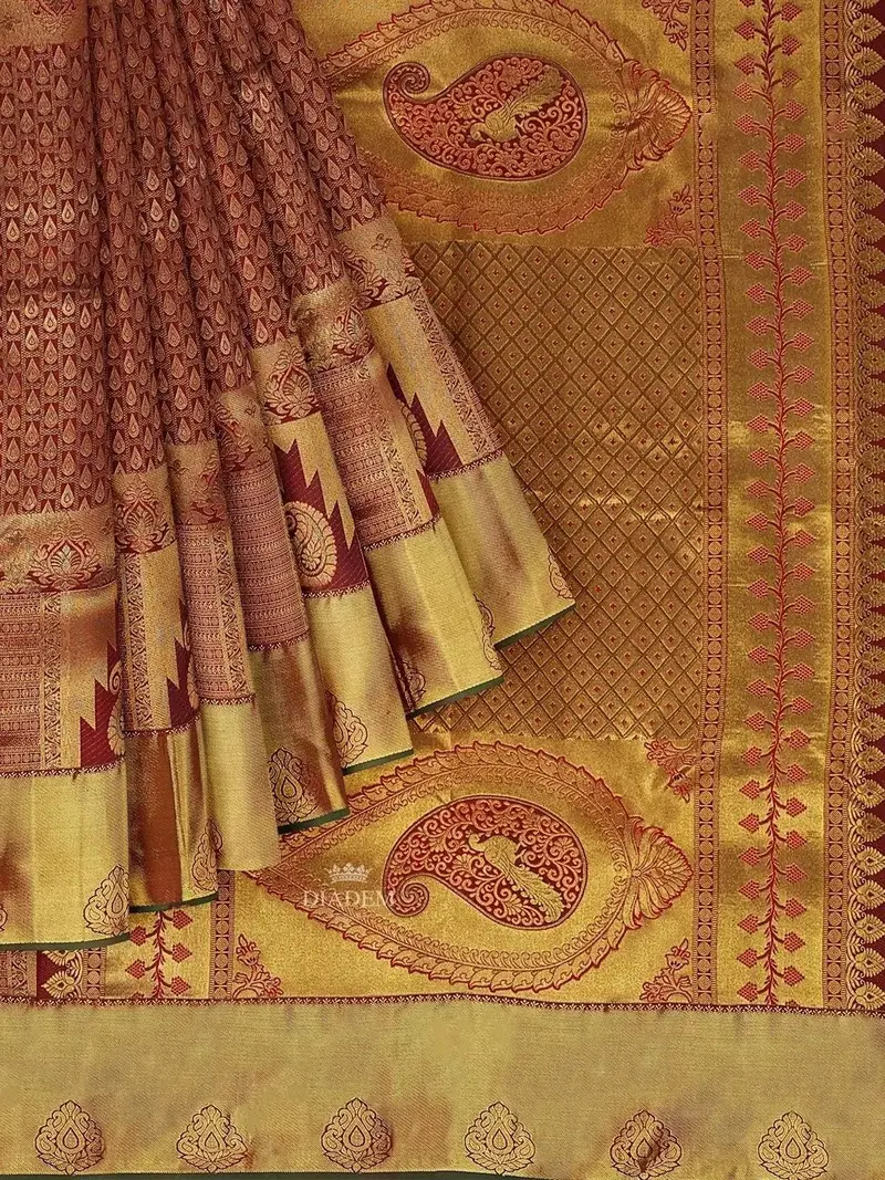 Brown Pure Kanchipuram Bridal Silk Saree With Paisley Motif On The Body And Dense Zari Border 1