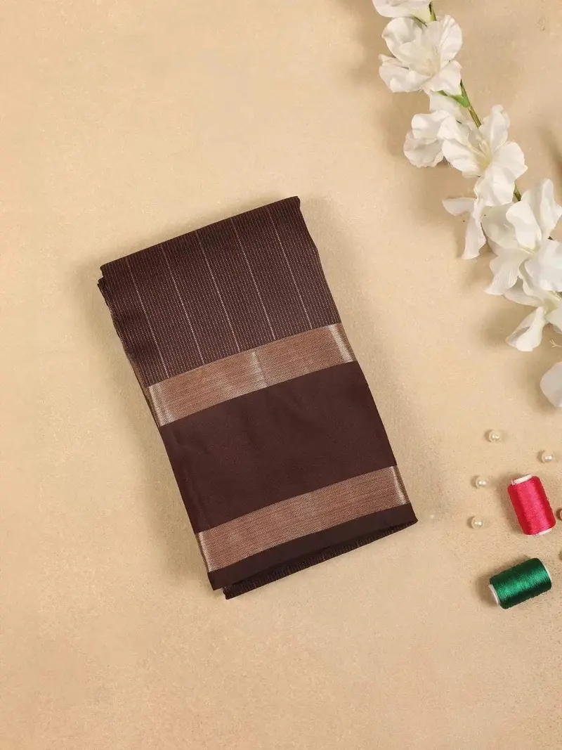 Brown Pure Kanchipuram Bridal Silk Saree With Stripes Design On The Body With Zari Border 1