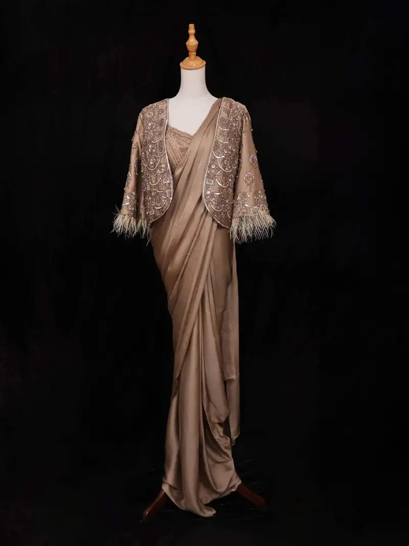 Brown Satin Ready To Wear Saree With Plain Body Paired With Designer Blouse And Overcoat 1