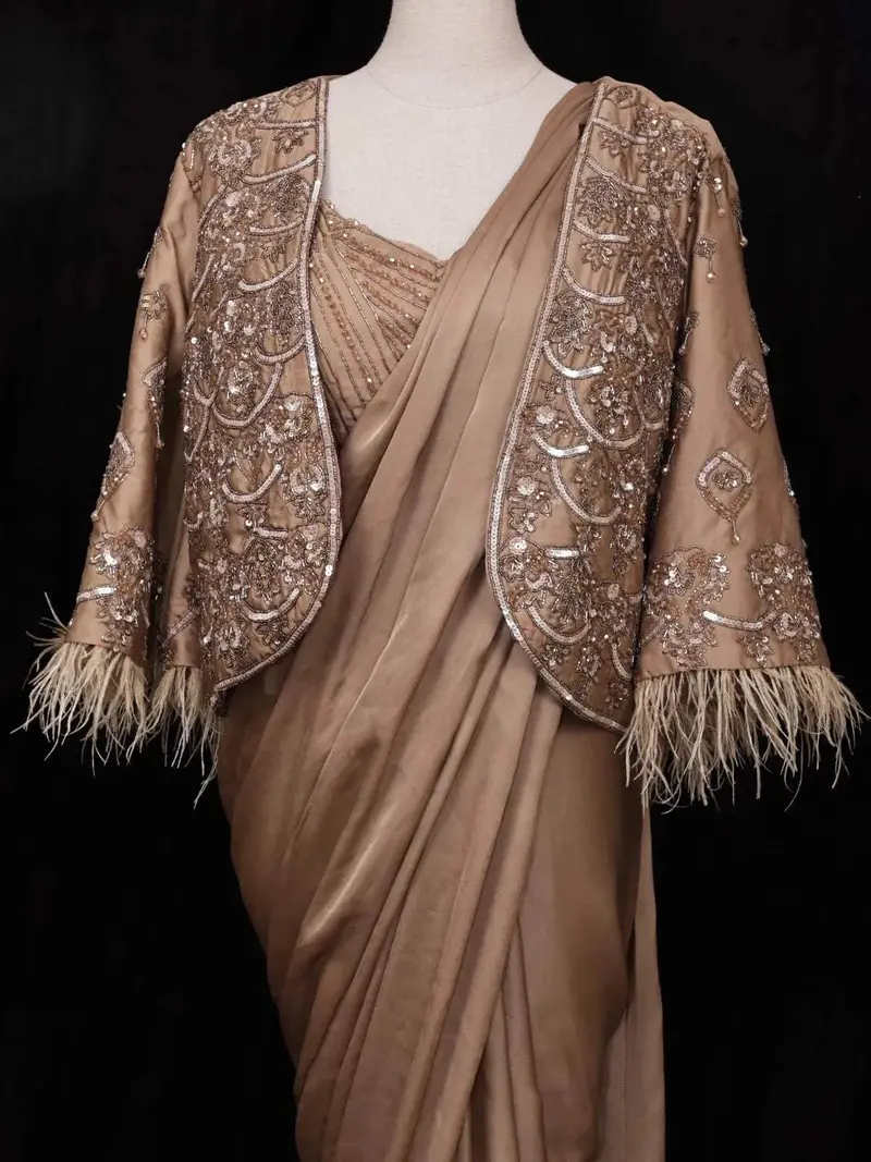 Brown Satin Ready To Wear Saree With Plain Body Paired With Designer Blouse And Overcoat 2
