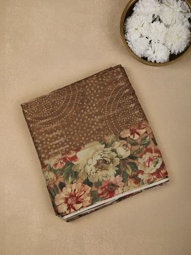Brown Semi Tussar Silk Floral Prints Saree 1