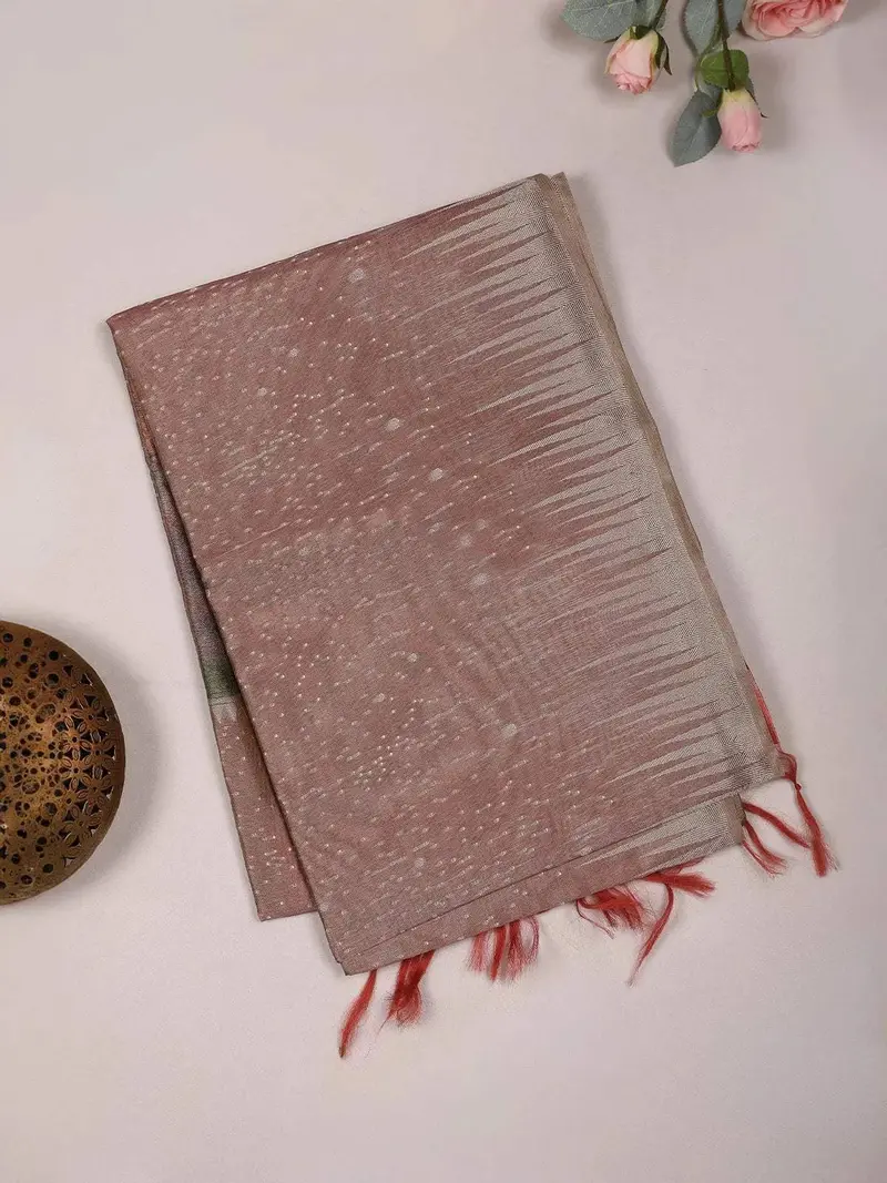 Brown Semi Tussar Silk Saree With Dot Design On The Body Without Border 2