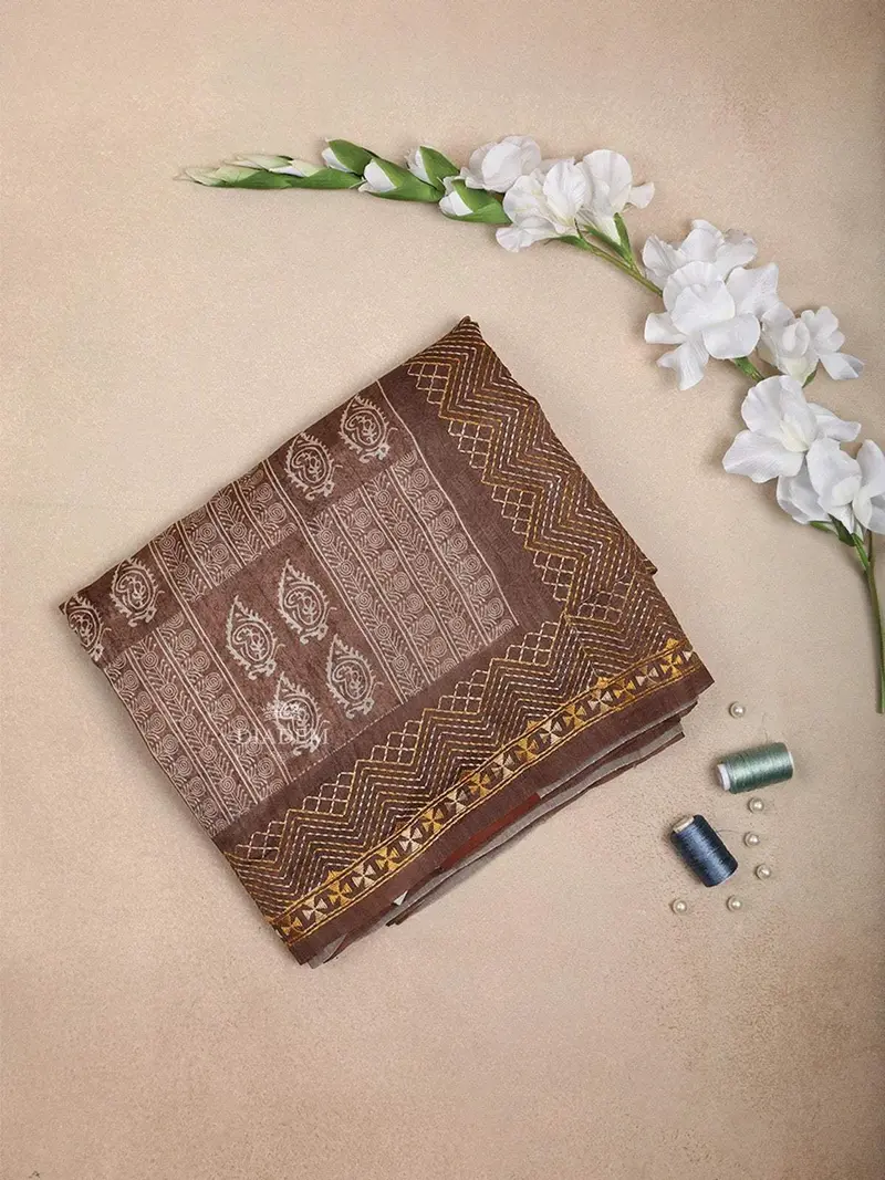 Brown Semi Tussar Silk Saree With Paisley And Geometric Design On The Body With Designed Border 1