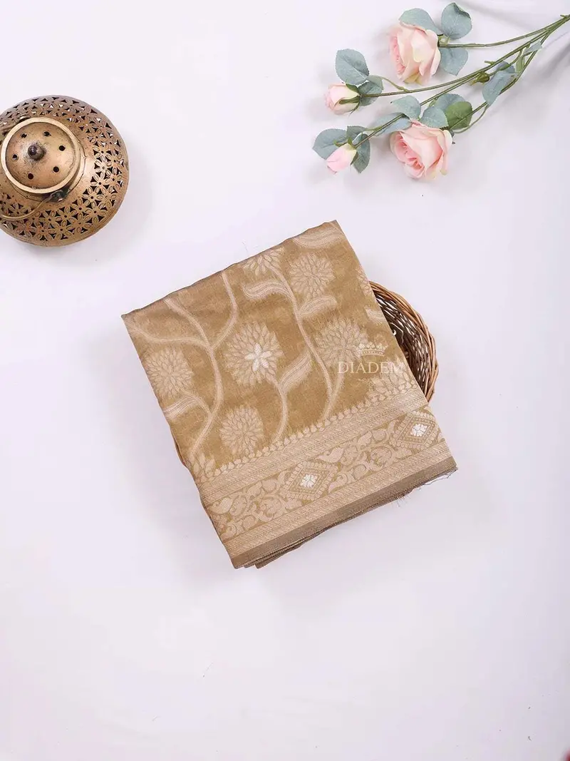 Brown Semi Tussar Silk Saree With Small Flower Design On The Body And Without Border 1