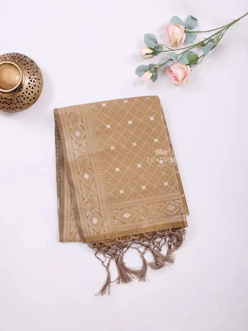 Brown Semi Tussar Silk Saree With Small Flower Design On The Body And Without Border 2