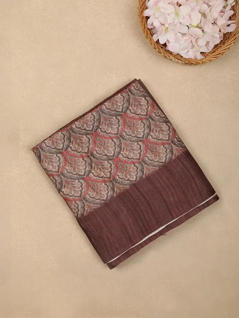 Brown Semi Tussar Silk Scallop Designed Saree 1