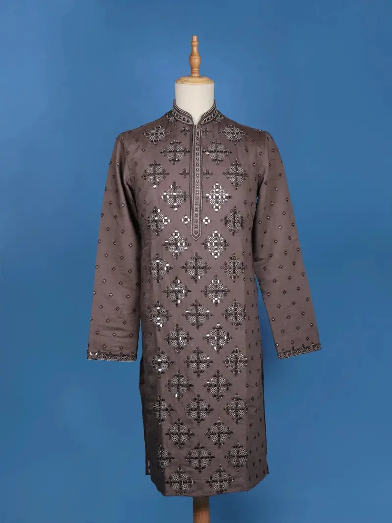 Brown Sequins And Mirror Work Raw Silk Kurta Set With Pant 1