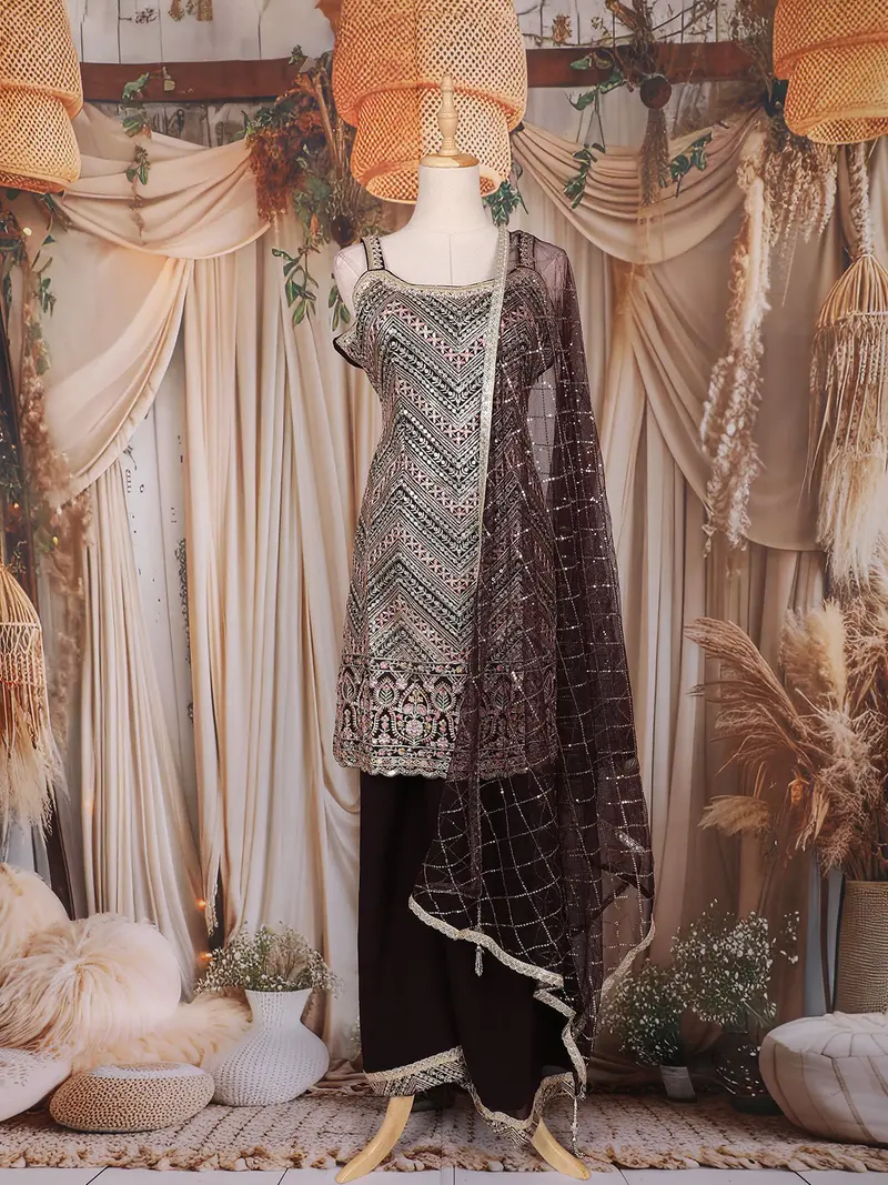 Brown Sequins Embroidered Design Georgette Palazzo Suit With Net Dupatta 1