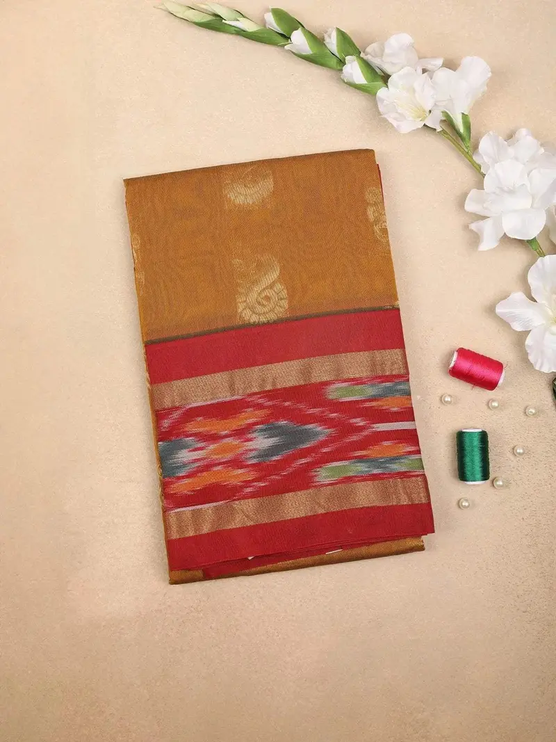 Brown Silk Cotton Saree With Paisley Motif On The Body With Ikat Designed Border 1