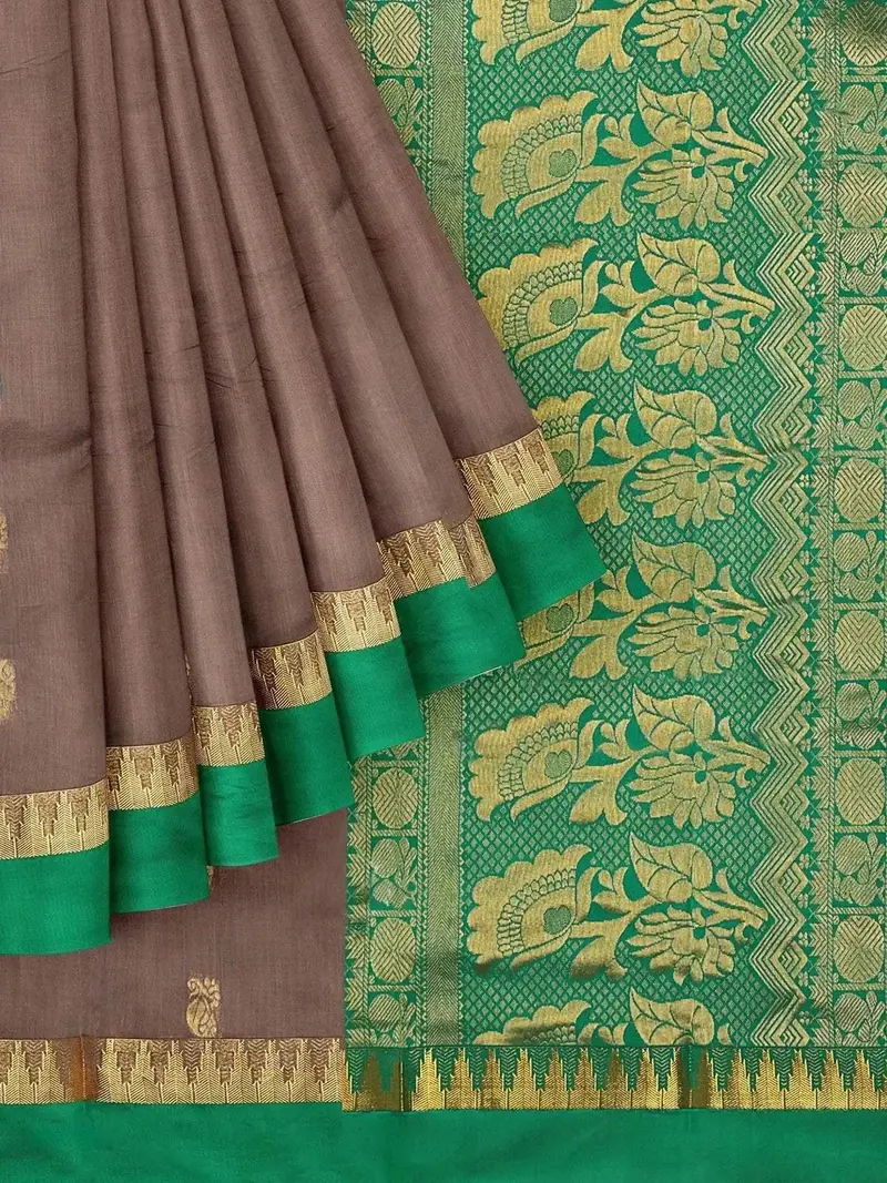 Brown Silk Cotton Saree With Zari Butta On The Body And Contrast Temple Zari Border 1