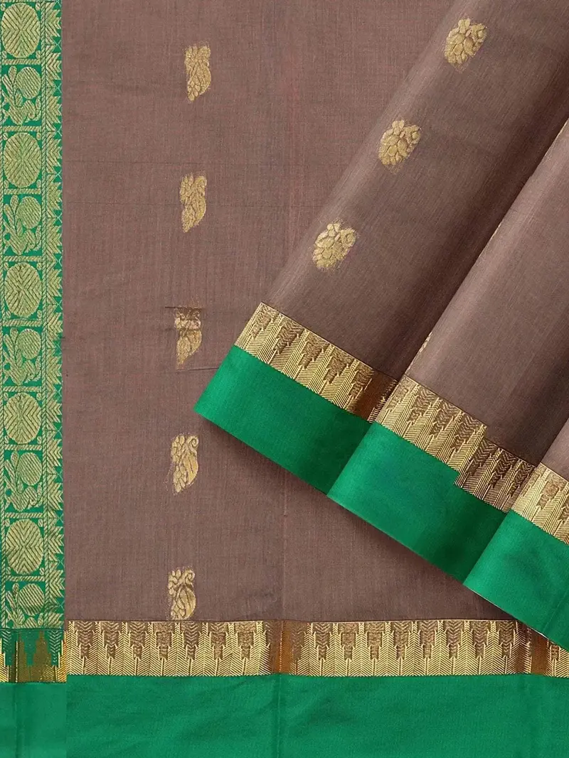 Brown Silk Cotton Saree With Zari Butta On The Body And Contrast Temple Zari Border 2
